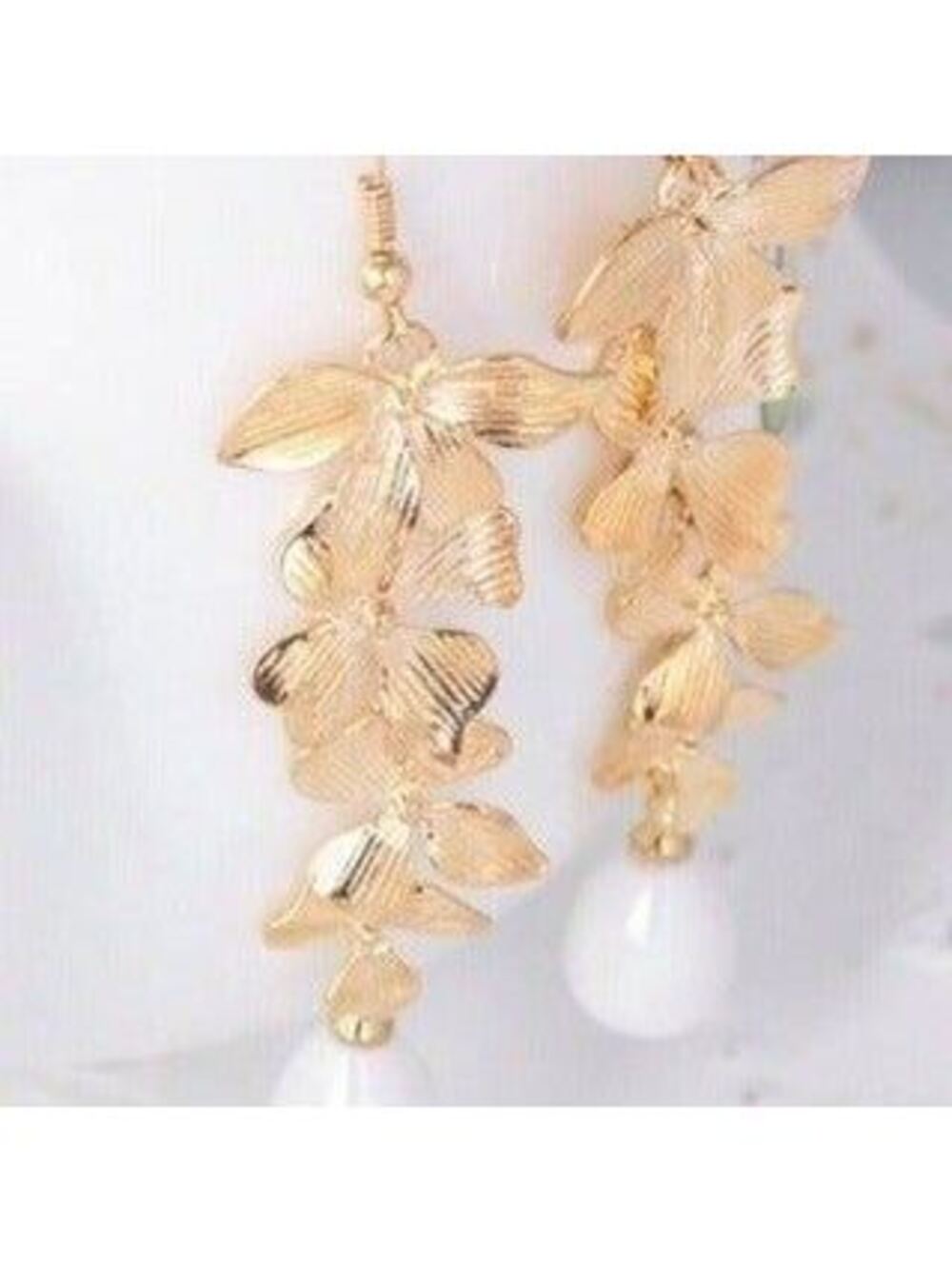 Handcrafted Gold and White Orchid Drop Cascade and Pearl Earrings